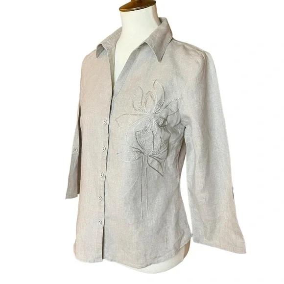 Tweeds Beige Taupe 100% Linen Embroidered Button Down Shirt - Size Medium - Picture 3 of 8